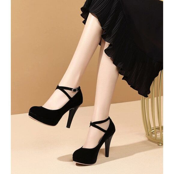 Black Heels For Women Strappy Closed Toe Platform High Heels Pumps Sexy Vintage - Picture 8 of 9